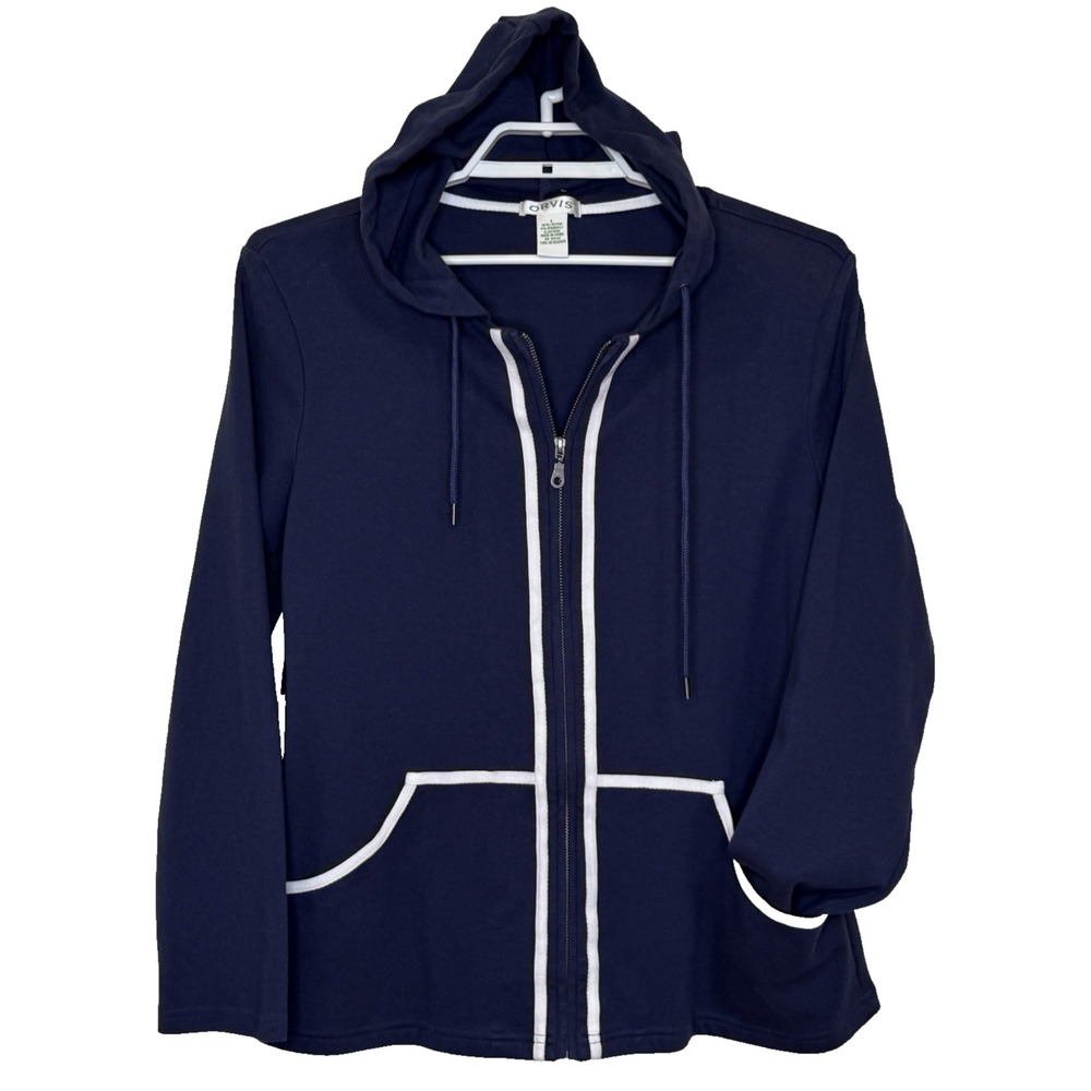 Orvis Full Zip Jacket Womens Large Blue w/White Trim Hooded Pockets Cotton Blend
